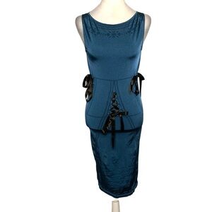 Wolford Small Teal Blue Stretchy Black Ribbon Corset Sleeveless Bodycon Dress
